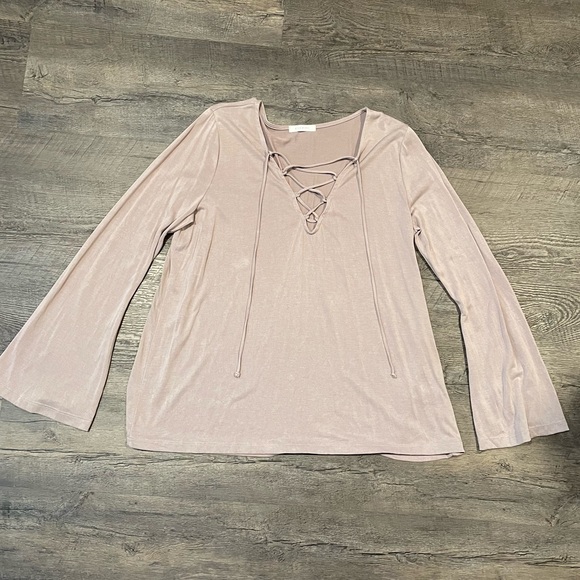 Mauve Bat Wing Criss Cross V Neck Long Sleeve Shirt Blouse - Picture 3 of 9